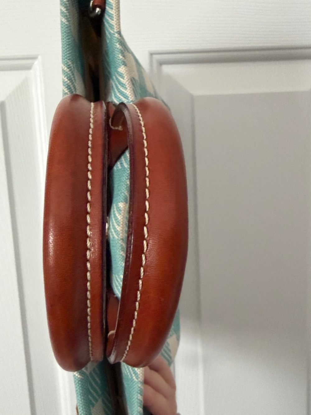 Dooney & Bourke Teal and Cream Plaid Canvas Small Tulip Tassel Tote - Picture 13 of 16